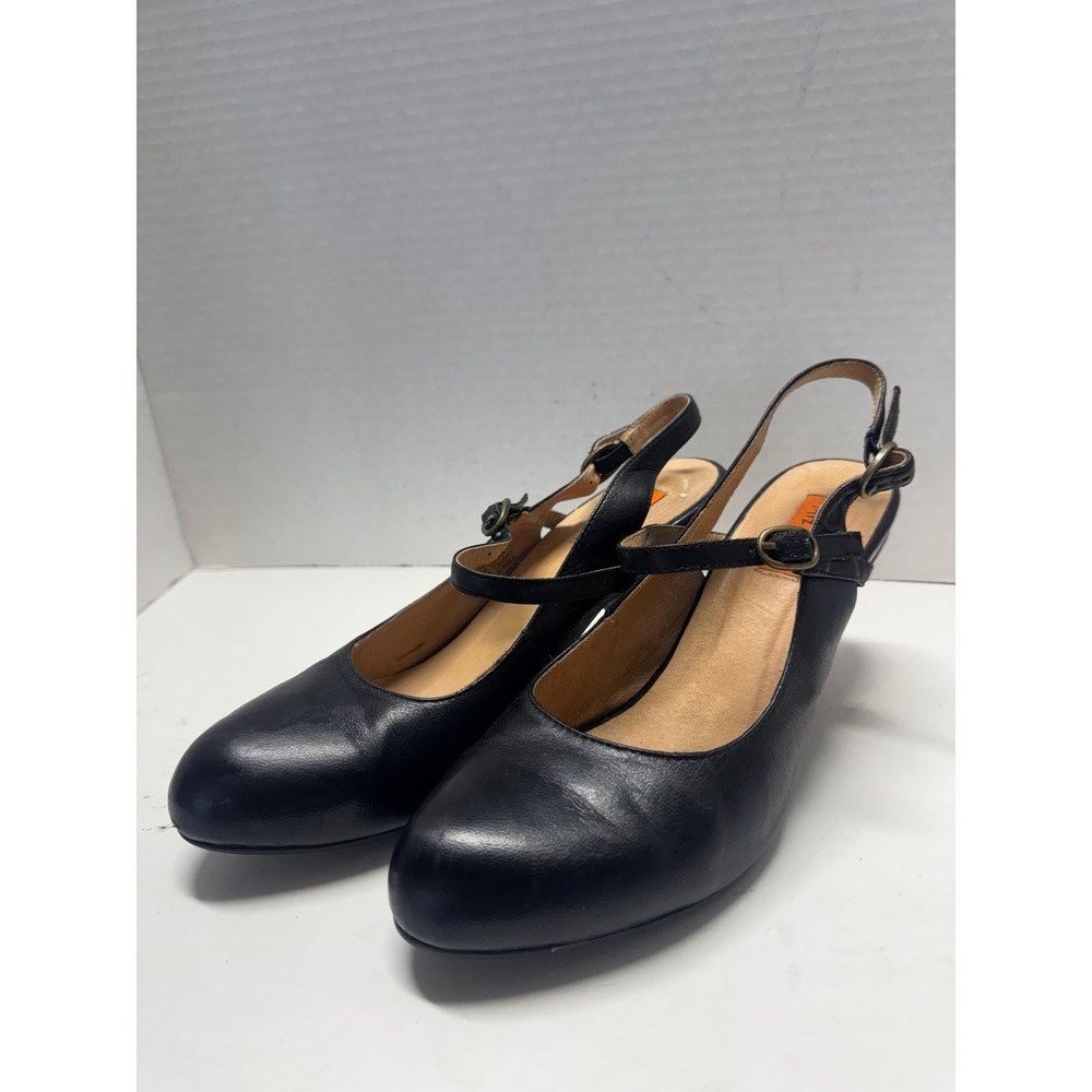 Miz Mooz Fortuna Black Leather Slingback Double Strap Cone Heel Pumps Size 7
